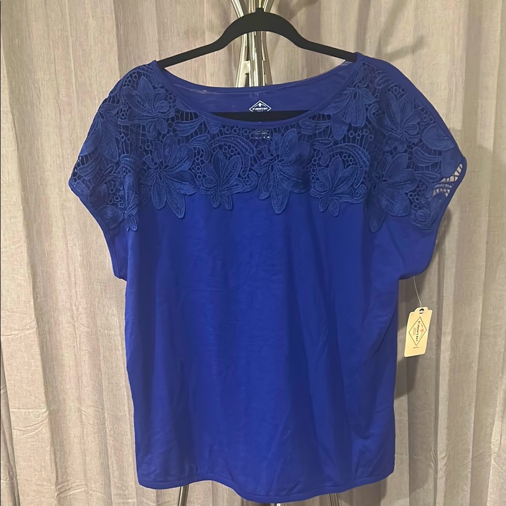 St.‎ John's Bay Blue lace overlay Embellished Flutter Sleeve Blouse